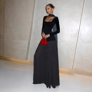 Elegant square neck long sleeve velvet dress with black and white polka dot skirt