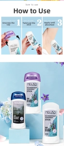 Three-step application guide for natural antiperspirant stick featuring botanical elements