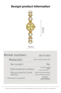 Detailed specs for gold pearl bracelet watch showing 22mm dial and IP alloy band size