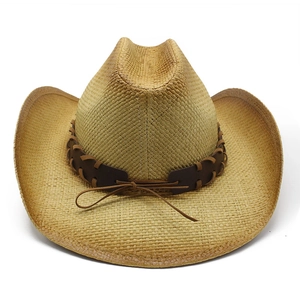 Classic woven straw cowboy hat in natural brown with a decorative faux leather band