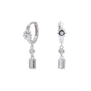 Detailed macro view of S925 sterling silver star hoop earrings with square cubic zirconia