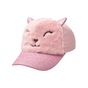 Pink plush cat baseball cap for girls with 3D ears and glitter visor in a 45-degree angle view