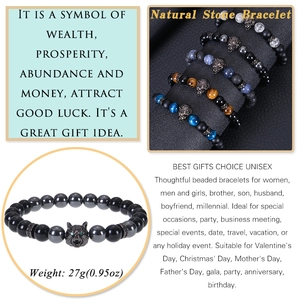 Detail of 8mm blue tiger eye and matte agate beads with micro-pave wolf head charm