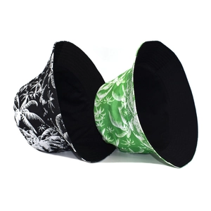 Double-sided bucket hats with tropical coconut tree print for sun protection in summer