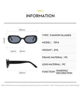 Detailed size chart for retro sunglasses showing frame dimensions and PC material specs