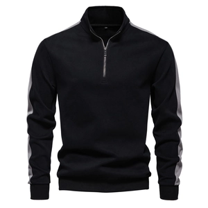 Detail of men's stand collar sweatshirt featuring grey side panels and a half-zip closure