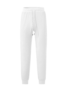 Detail of white waffle knit texture and adjustable drawstring elastic waistband on pants