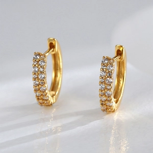 French style gold plated brass hoop earrings with double row white cubic zirconia
