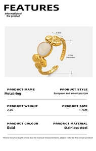 Adjustable gold stainless steel ring with white stone and flower details, 1.7cm diameter