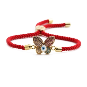 Adjustable red braided rope bracelet with colorful zircon butterfly and evil eye charm