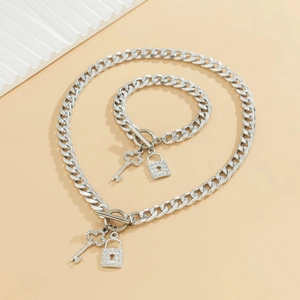 Silver Cuban link necklace and bracelet set with rhinestone key and lock OT buckle
