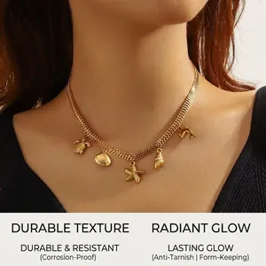 Close-up of gold stainless steel necklace featuring starfish, turtle, and shell charms