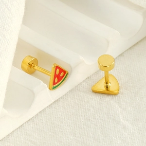 Fashionable gold watermelon stud earrings with red and green enamel for women