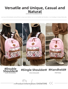 Pink floral backpack shown in three modes: backpack, shoulder bag, and handbag