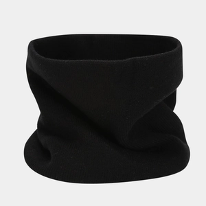Detail shot of the black ribbed knit neck warmer with elastic thermal fabric texture
