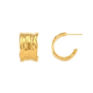 Golden C-shaped stainless steel earrings with irregular hammered texture and 18K finish