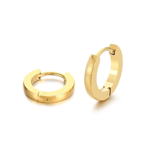Classic gold stainless steel hoop earrings with polished finish on white background