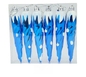 Dettaglio di 6 decorazioni natalizie a ghiacciolo blu e bianche in scatola trasparente