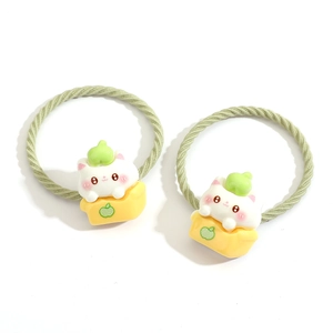 Cartoon kitten hair ties set for girls with green braided ropes and cute cat charms