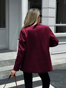 Elegant burgundy women's casual blazer jacket with structured fit shown from back view