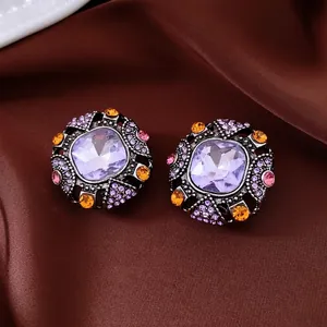 Vintage palace style square purple gemstone earrings with colorful rhinestones on silk