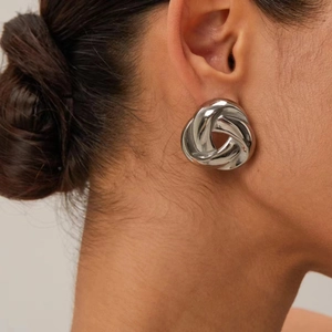 Minimalist vintage silver woven twist knot earrings in polished stainless steel