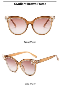 Detail of cat eye sunglasses with pearl floral accents and gradient brown lenses