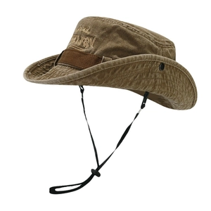 Brown wide-brim western cowboy sun hat with adjustable strap and embroidery details