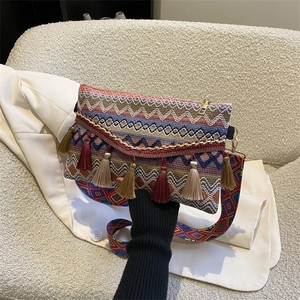 Detail of bohemian knit crossbody bag featuring colorful tassels and ethnic geometric patterns