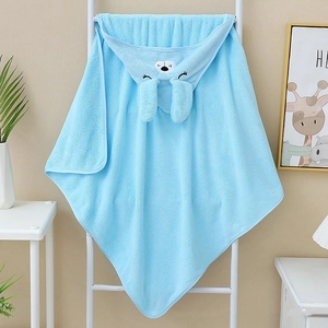 Detail of blue coral fleece hooded baby towel with cute bunny ear embroidery