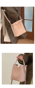 Pink PU leather bucket bag detail showing hand-held and shoulder-carry styles for women