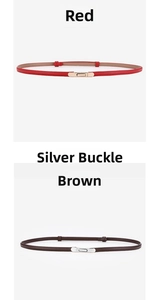 Detail of red and brown genuine leather belts with gold and silver buckles