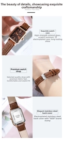 Detail of rose gold rectangular watch with Roman numerals and leather strap on wrist