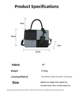 Detailed size specifications for the black and gray PU leather contrast shoulder bag