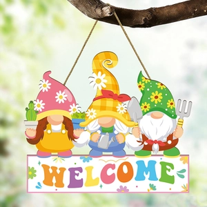 Welcome Hanging Sign Wood Gnome Garden Tools Spring Farmhouse Decor Outdoor Porch Pastoral Style