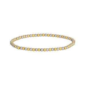 Detailed view of two-tone stainless steel round beaded elastic bracelet in gold and silver