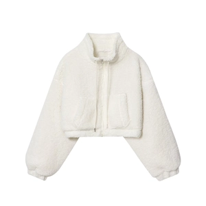 Women's white fleece zip-up jacket with drawstring collar and cozy lamb-like texture
