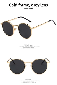 Retro small round metal sunglasses with gold frame and grey lenses in dual views