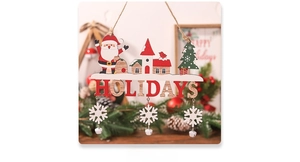 Detail of wooden Christmas sign featuring Holidays text, snowflakes and metal bells
