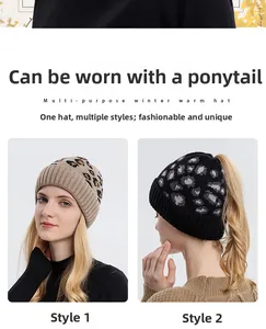 Detail of leopard print ponytail beanie showing functional top opening and warm knit texture