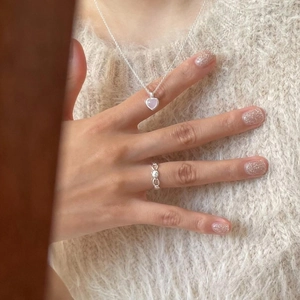 925 sterling silver heart pink stone necklace and textured minimalist ring set