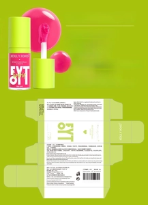 Detail view of transparent lip oil with oversized applicator and colorful packaging design