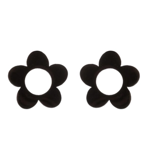 Pair of black minimalist five-petal flower stud earrings with center hollow cutout