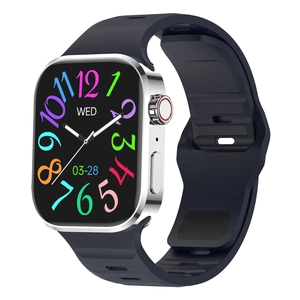 Smart watch with silver rectangular case, black silicone strap and colorful digital display