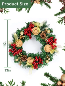 Top-down view of a 13-inch Christmas wreath candle holder with red berries and gold bows