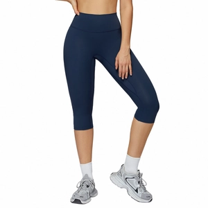 Navy blue high-waisted capri yoga pants for women, quick-dry slim fit athletic leggings