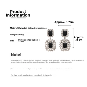 Detail view of rectangular crystal drop earrings with precise dimensions and weight specs