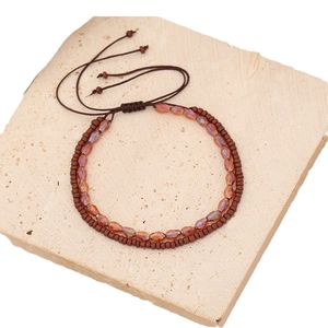 Double-layer amber crystal and brown bead bracelet with adjustable braided cord