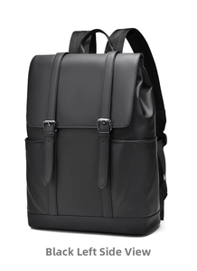 Left side view of black matte leather business backpack with silver buckles and side pocket
