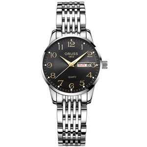 Classic silver steel quartz watch for women with black dial and day-date display